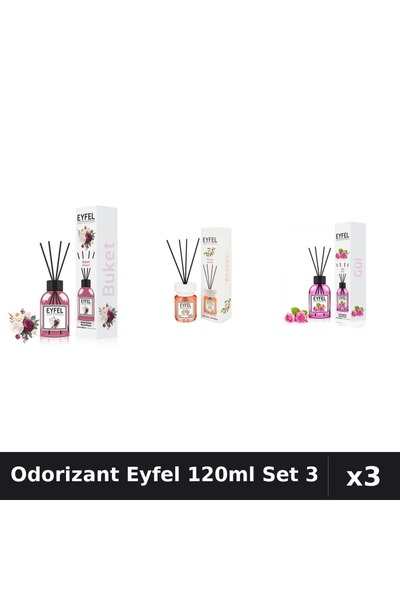 Eyfel Set 3 Odorizant Cameră Betișoare 120ml - Bouquet, Acacia, Trandafir