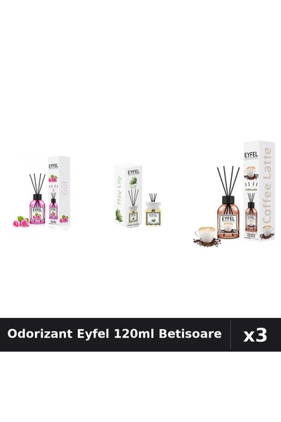Eyfel Set 3 Odorizant Camera Betisoare 120ml - Trandafir, Lacramioare, Cafea