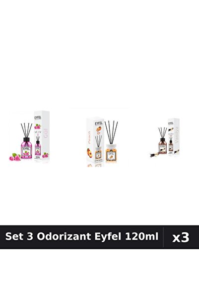 Eyfel Set 3 Odorizante Camera Betisoare, Piersica, Trandafir, Vanilie, 120 ml