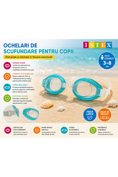 Intex Children's Colored Swimming Goggles, 3-8 Years, Adjustable Belt , Water...