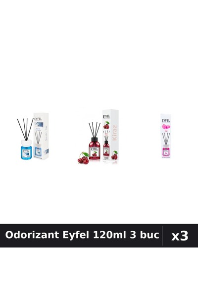Eyfel Set 3 Odorizant Camera Betisoare 120ml - Cool Water, Cireșe, Bubble Gum