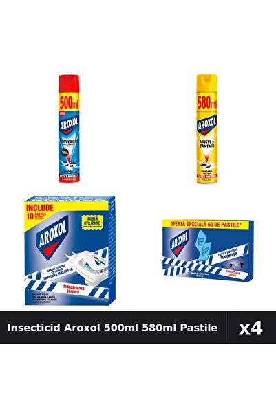 Aroxol Set 4 Insecticid - Spray 500ml, 580ml, Pastile 60 bucati - Protectie Casa