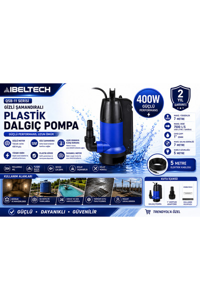 İBELTECH 400W Gizli Şamandıralı Plastik Dalgıç Pompa 5 Metre Kablolu Saatte 8...