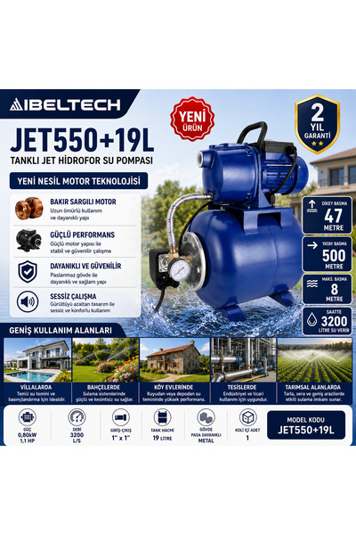 İBELTECH JET550+19L 1.10 HP 19 Litre Hidroforlu Jet Su Pompası Bakır Sargılı ...