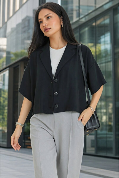 Modark Women's Black Short Sleeve Crop Shirt Jacket - Blazer Collar Off-Shoul...
