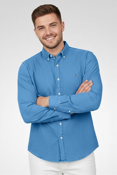 Tommy Hilfiger Men Regular Fit Chambray Long Sleeve Casual Shirt, Blue