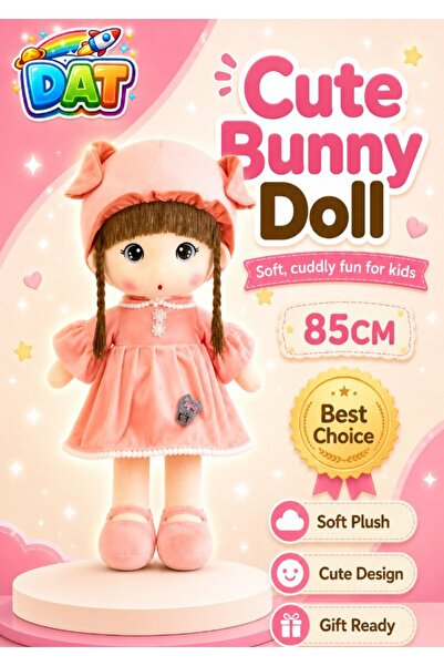 DAT Soft Plush Bunny Ear Girl Doll with Dress & Braids – Red, Pink, Purple