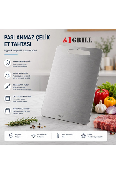 IGRILL Et Kesme Tahtası 304 Paslanmaz Çelik 32x24cm - Hijyenik Çift Taraflı M...