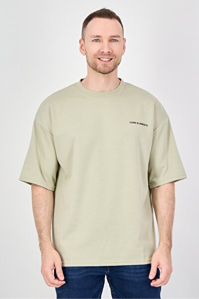 Core Elements Men Crew Neck Brand Logo Short Sleeve T-Shirt, Light Olive