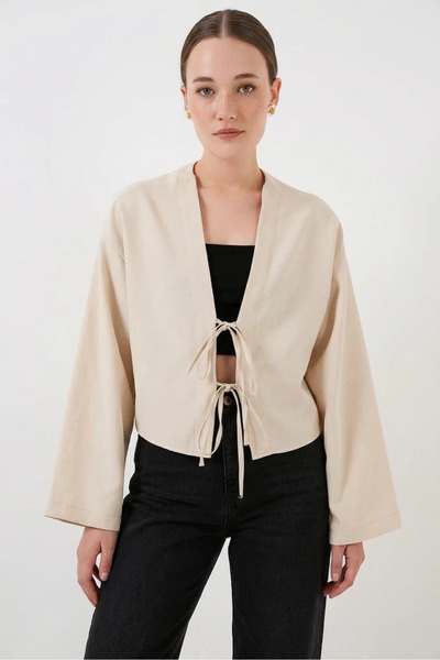 buğrahayalin كيمونو نسائي من الكتان الكريمي مع ياقة أمامية وربطة أمامية