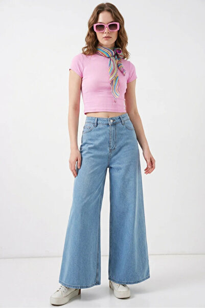 buğrahayalin Women's High Waist Wide Leg Palazzo Cotton Light Blue Jeans