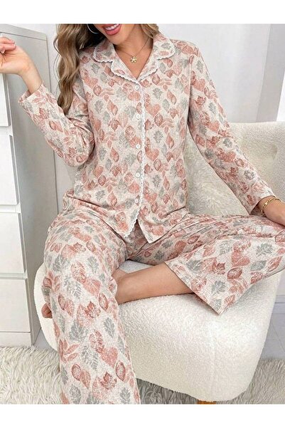 BIT1 Bit 1 Autumn Leaves Print Soft Sleepwear Two Piece Set Women Shirt Pants...