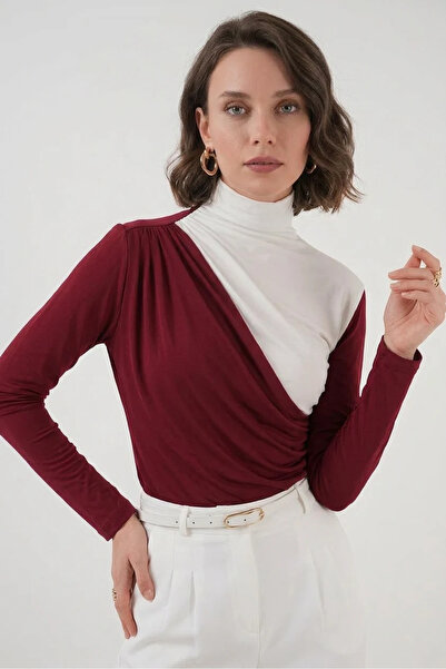 buğrahayalin Women's Turtleneck Gathered Burgundy Blouse
