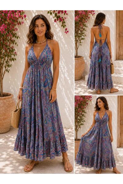 shop Kadın Bohem Şal Desenli V Yaka Volanlı Maxi Elbise Mavi