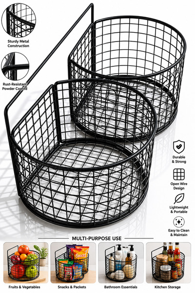 Denx Double Round Wall Mounted Storage Basket Metal Wire Organizer Rack for K...