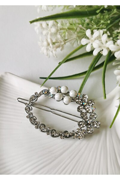 Halley Concept Pearl and stone detailed floral metal silver hair clip 4x5.5 cm