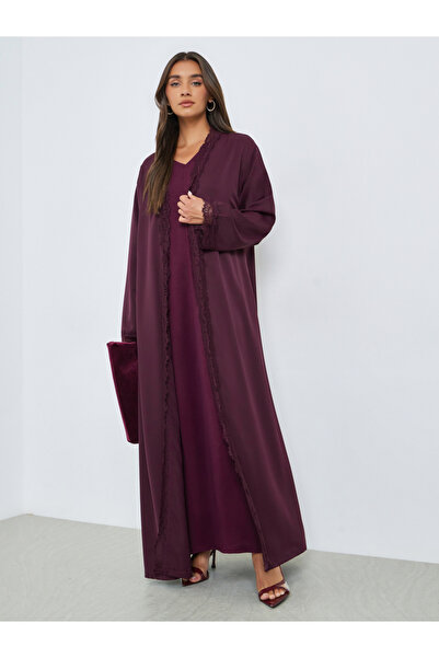 Amirah By Styli Burgundy Front Open Abaya with Lace Trim