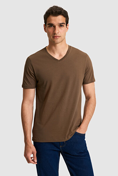 U.S. Polo Assn. Erkek Regular Fit V Yaka Kahverengi Basic Tişört 50326944-VR029