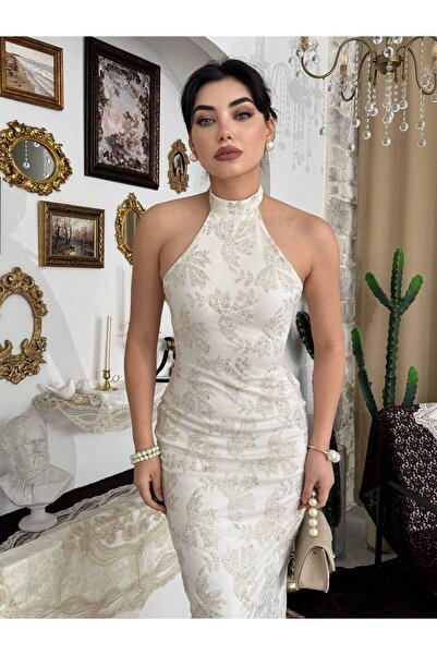 MBK Fashion Ekru Sim Baskılı Halter Yaka Uzun Abiye Elbise