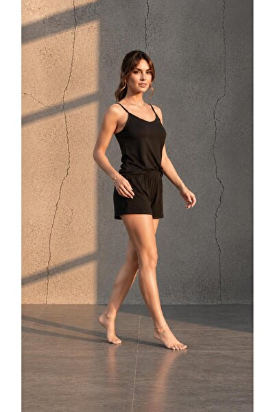 Nouche Termal Jakar Kalp Desen Black Shorts Set with Rope Straps