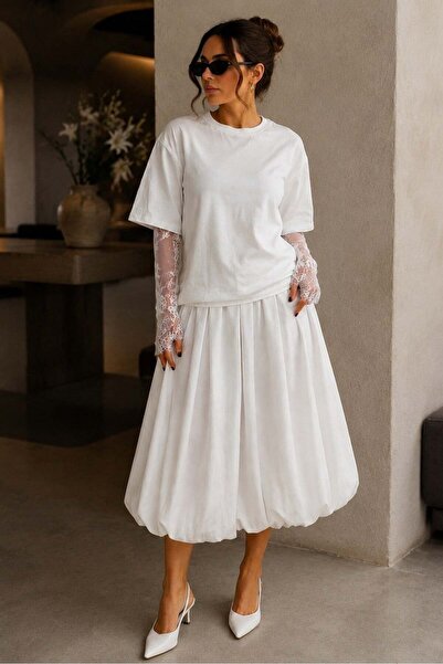 Madmext Ecru Lace Sleeve Basic T-Shirt Mg2808