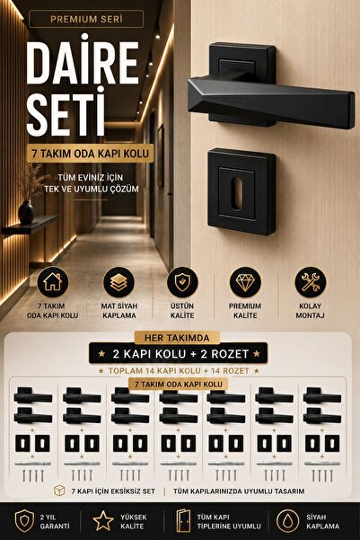 MEGAHOME STORE Siyah Kapı Kolu Piramit Model Kare Rozetli 3+1 Daire Seti (7 T...