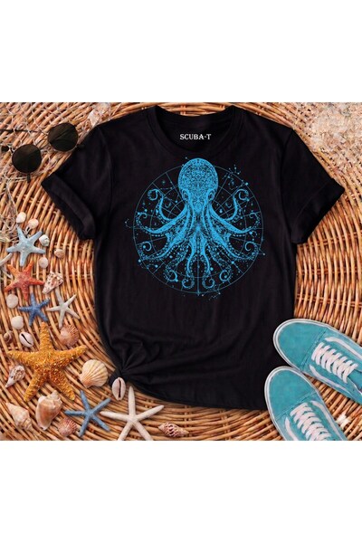 ScubaPromoTurkey Octopus Stars Blue Visual Print Black Cotton T-Shirt
