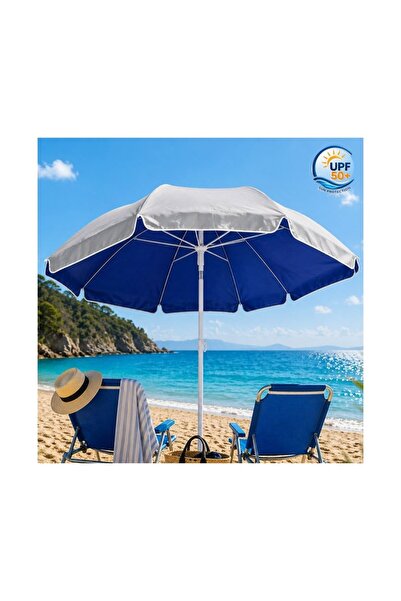 OEM Windproof Beach Umbrella Silver Blue UPF 50+, UV Protection, Metal Frame,...