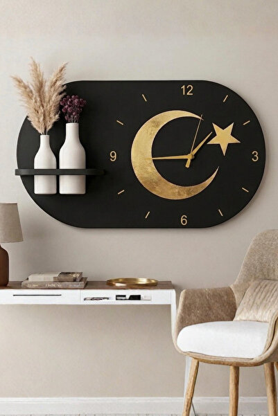 Nera Tasarım Modern Tasarım Raflı Ay Yıldız Bayrak Temalı Nera Duvar Saati 60x35