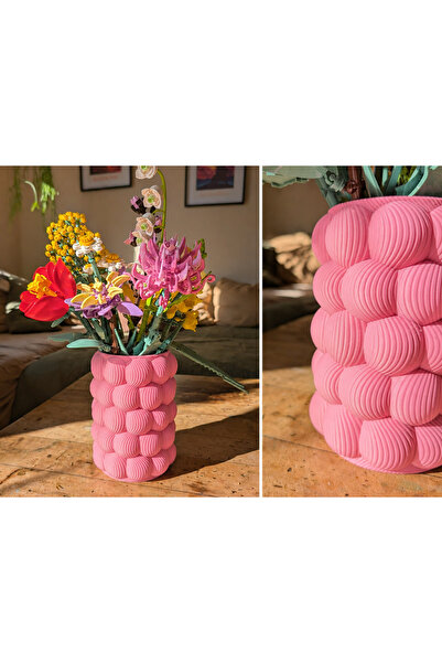 Dekor66 Pofuduk Balon Tasarım Dekoratif Vazo - Pembe ve Bej Modern Salon Obje...