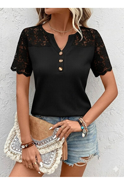 Generic Brand Women's Short Sleeve V-Neck Front Button Lace Detailed Waffle B...