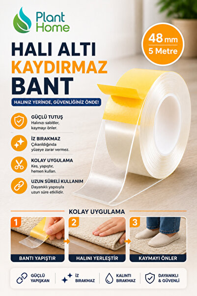 plant-home Halı Altı Kaydırmaz Bant 48mm x 5 Metre Çift Taraflı Güçlü Yapışka...
