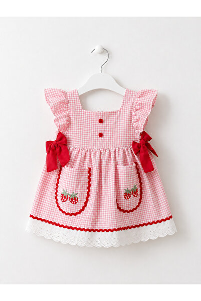 Lucky baby store Çilek Nakışlı Pötikare Kız Bebek Elbise 🍓