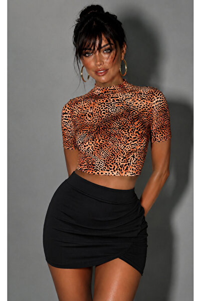 Be Best Women's Orange Leopard Pattern Stand Collar Short Sleeve Crop Blouse ...