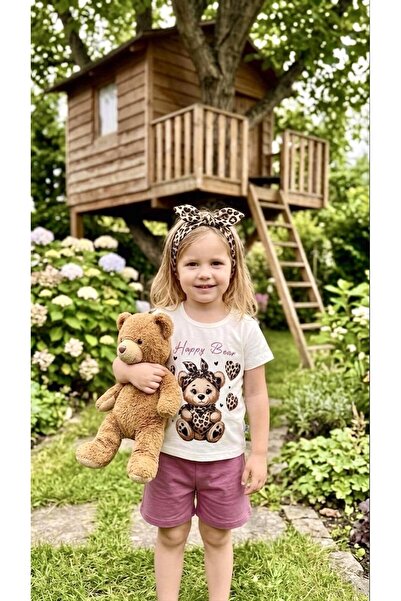 Sinem Çeyiz Bıcır 0057 Girl's Ecru Pink Leopard Teddy Bear Shorts Set