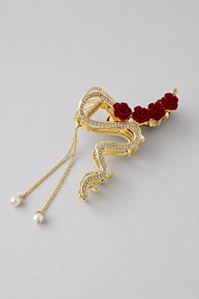 TREND COLLECTİON Vip Metal Latch Buckle with Gold Stone and Rose Detail
