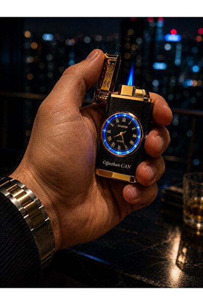 HediyeFilesi Kişiye Özel Saatli Gazlı Çakmak Gold / Füme – LED Işıklı / Jet Ç...