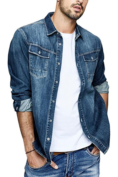 OEM Dark Blue Denim Loose Long Sleeve Shirt for Men L
