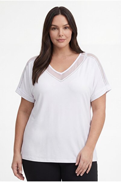 Ebsumu Women's Plus Size Tulle Detail White Blouse
