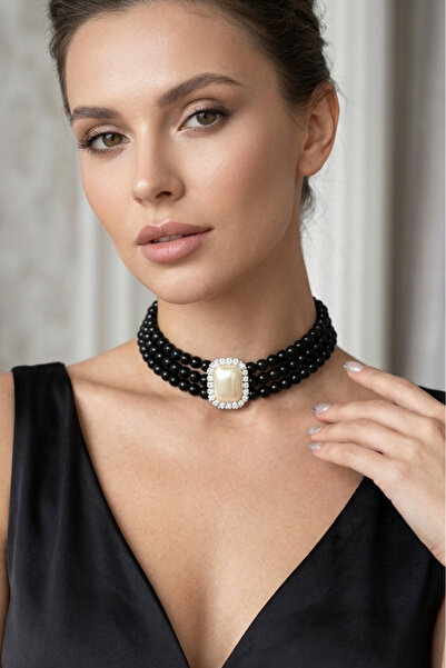 Happyline Baget Taşlı Siyah İncili Choker Kolye, Siyah Cam İncili Kolye , İnc...