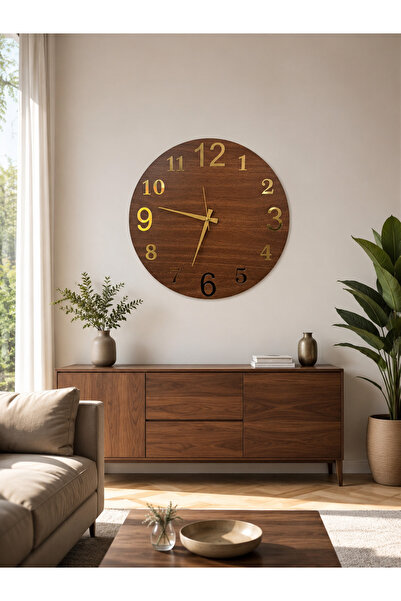 MORPELA 40 Cm Ceviz Renk MDF Duvar Saati Gold Pleksi Rakamlı Sessiz Akar Meka...