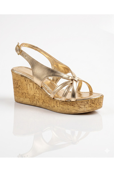guijarro Women's Gold Minimal Striped Wedge Heel Sandals - 6 cm Cork Sole-Boh...