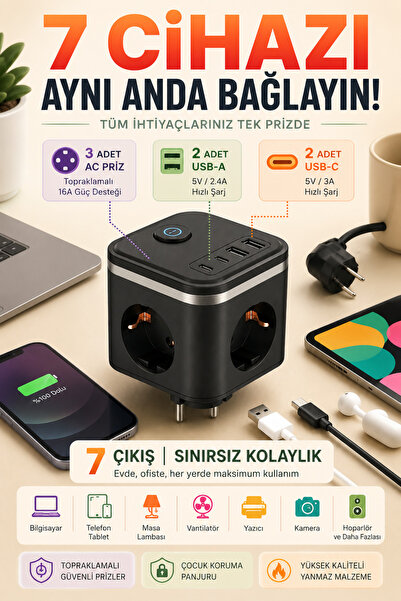 Merwish 3'lü Fiş Priz Küp 3680W 16A Anahtarlı Çoklayıcı Priz 2 USB 2 Taype-C ...