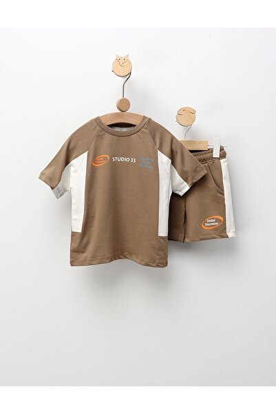 MiniKids Summer Top Bottom Set , Around The World, with beige