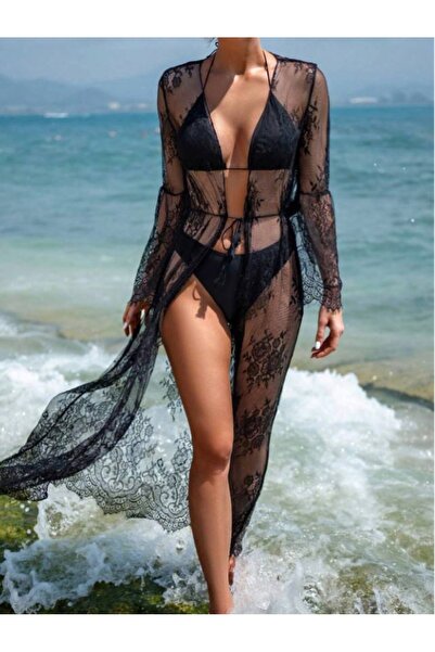 VenusOfficial Kadın Siyah Dantel Pareo Kimono Mayo Üstü Plaj Elbisesi Uzun Ka...