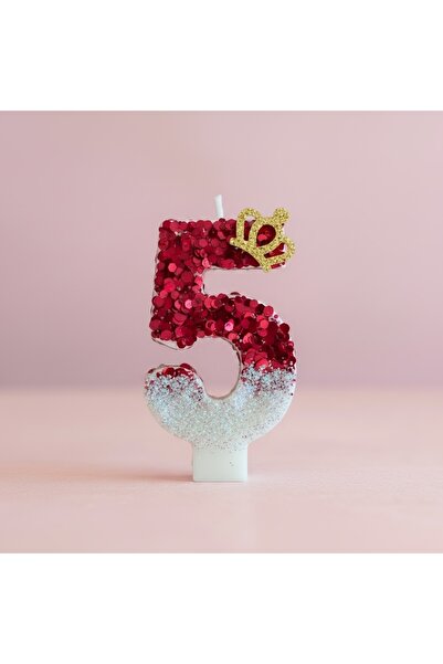 Miki & Miki Fuşya - Simli Taçlı Pasta mumu Doğum günü mum 5 yaş