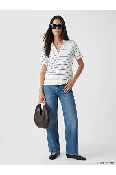 LC Waikiki Navy Blue Polo Neck Striped Women's T-Shirt