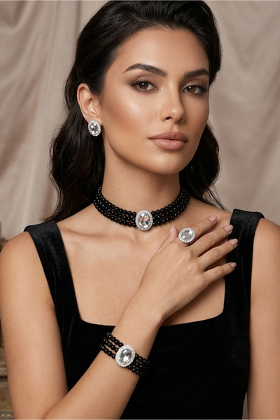 Happyline Oval Taşlı Siyah İncili Choker Set Takım, Siyah Cam İncili Kolye ,G...