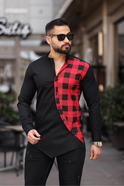 BAYIM Ekose Detaylı Asimetrik Kesim Erkek Slim Fit Gömlek