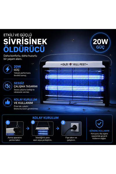 Coverzone Elektrikli Sivrisinek Öldürücü Lamba 20W UV Işıklı Haşere Tuzağı İç...